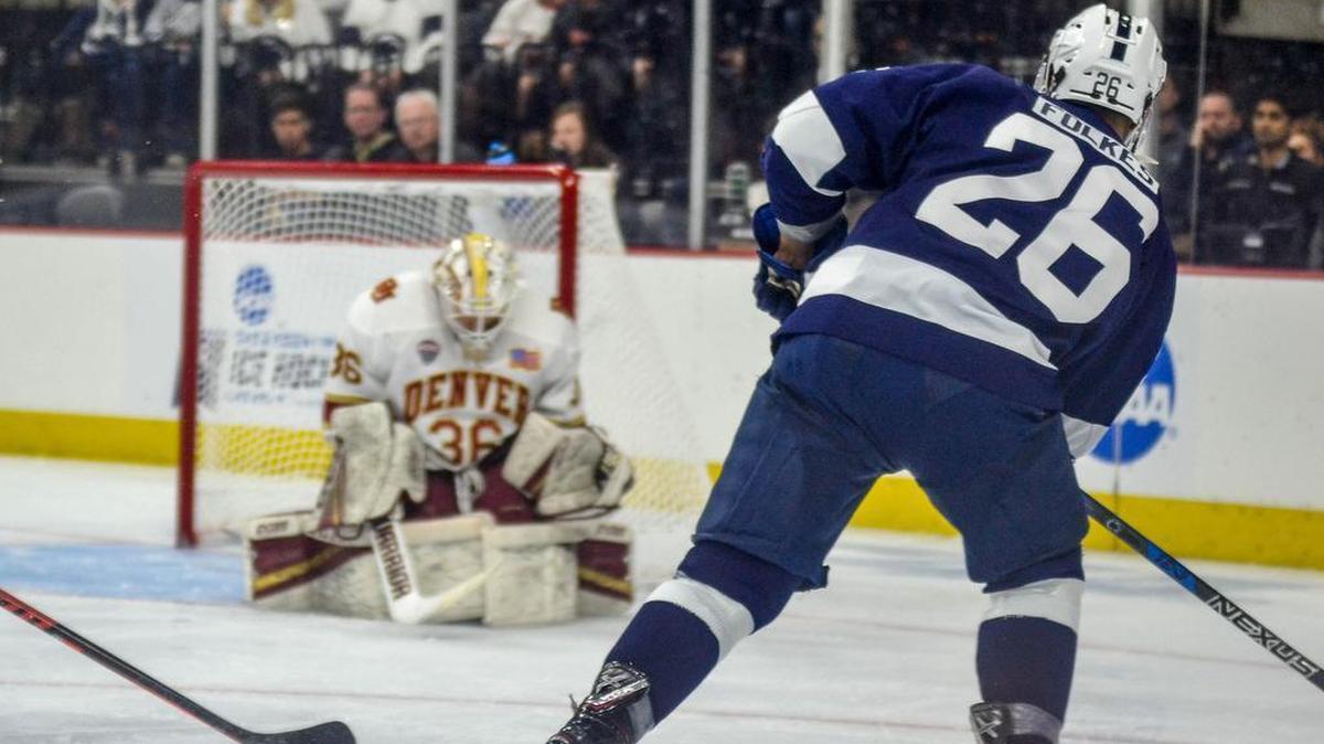 Penn State’s Liam Folkes (26) scored the only goal for the Nittany Lions in the 5-1 loss to the Denver Pioneers during the 2018 Midwest Regional of the NCAA Hockey Tournament at the PPL Center in Allentown.