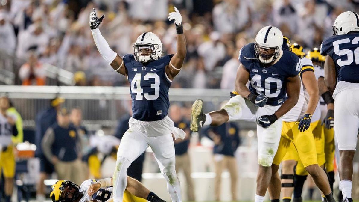 Penn State linebacker Manny Bowen (43), celebrating a sack against Michigan, appears to be back on the Nittany Lions.
