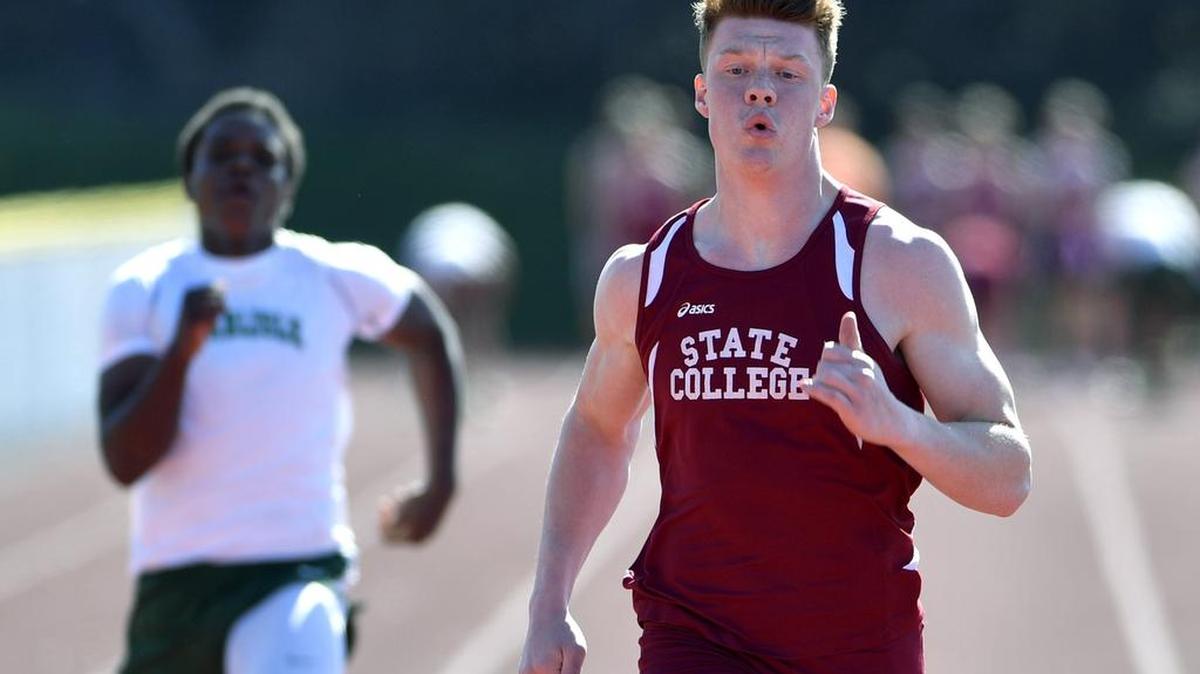 Tristan Daman wins the boys 100 meter dash. The State College Area High School girls' and boys' track and field teams faced Carlisle April 19, 2016.